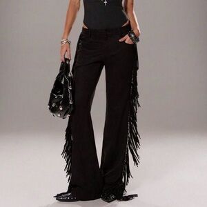 Black Women's Flared Leg Faux Suede Fringe Side Pants (STAGECOACH)